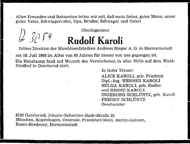 Karoli Rudolf 1900-1968 Todesanzeige